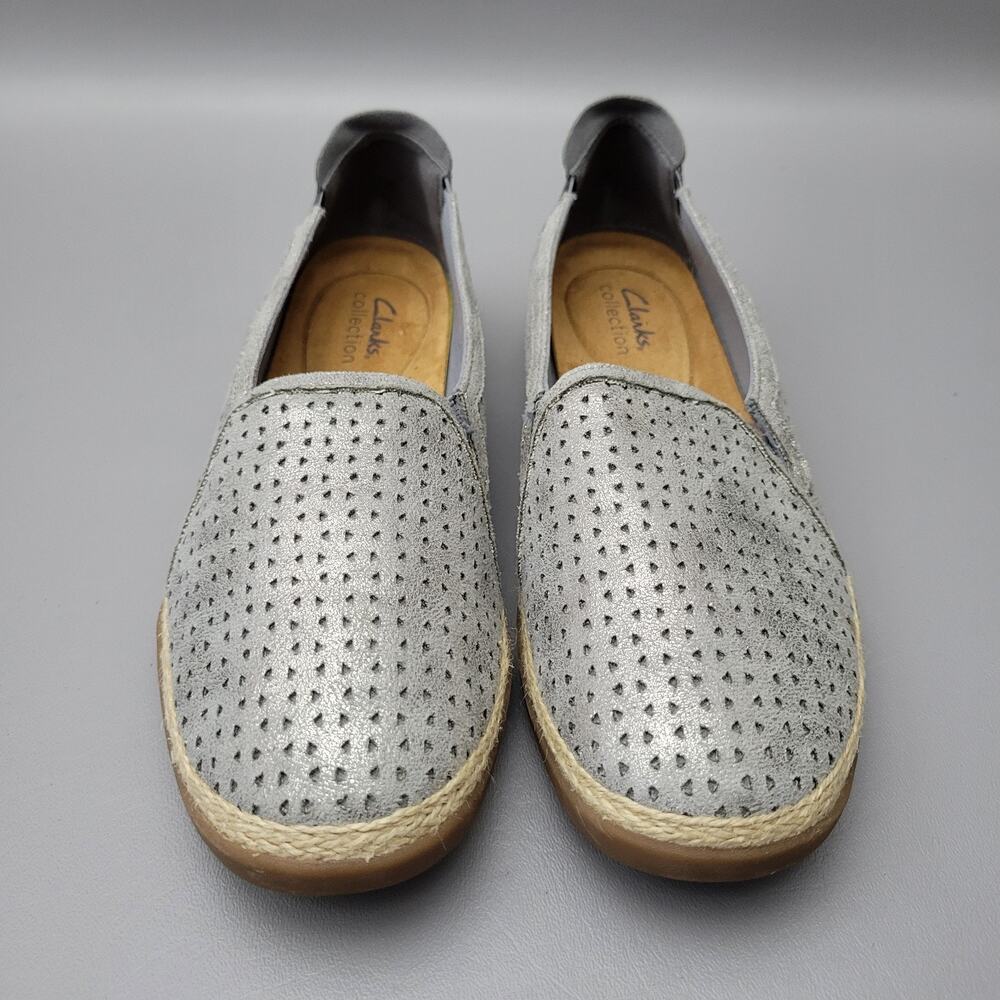 Clarks Collection Espadrille Slip On Comfort Elaina Ruby Pewter Leather 9.5